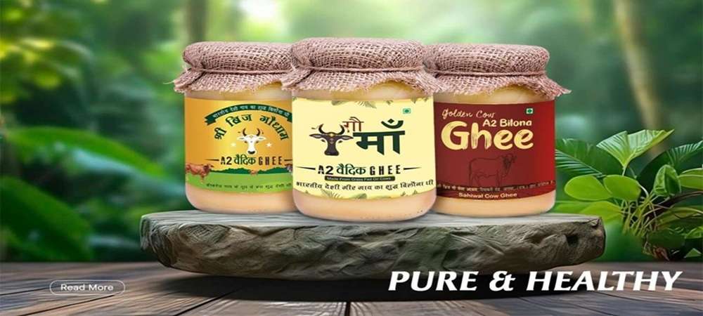 Three products showing in image, Pure and healthy Gee